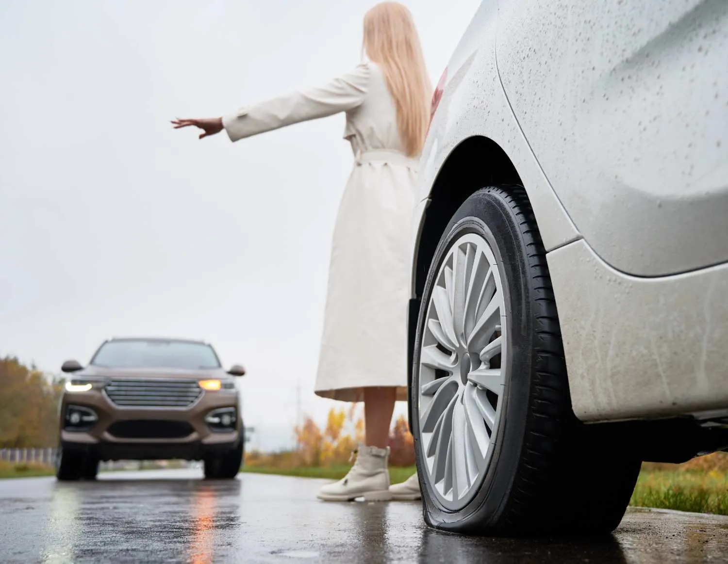 Driver waving down help at the roadside beside a stopped car on a wet road